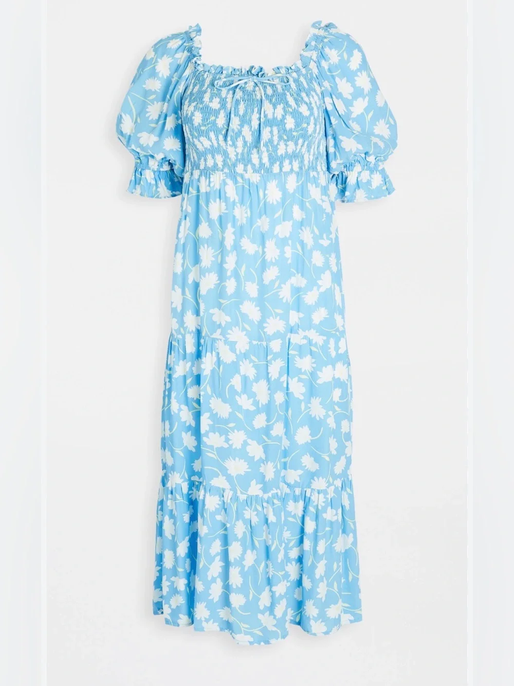 Faithfull The Brand Leyla Smocked Midi Dress Blue Floral Puff Sleeve Size S - Picture 2 of 16